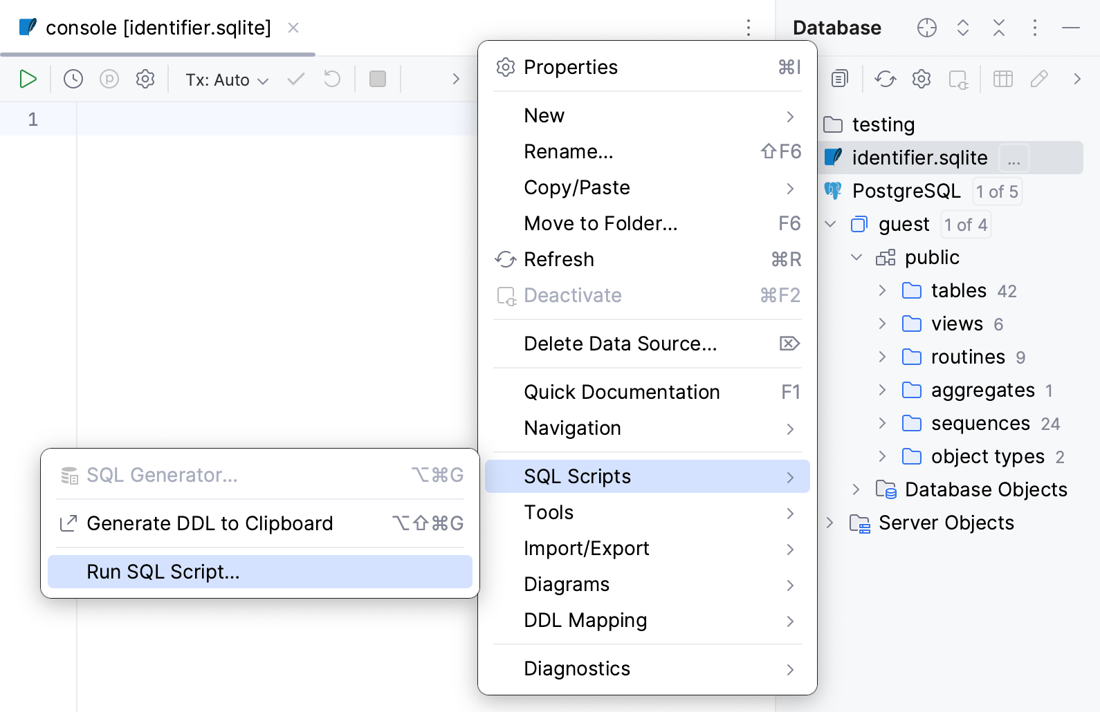 Run an SQL file from the Database tool window Run an SQL file from the Database tool window