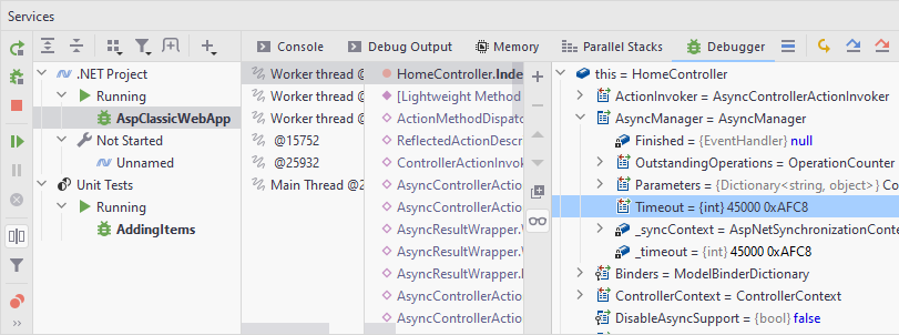 Debug window inside Services window Debug window inside Services window