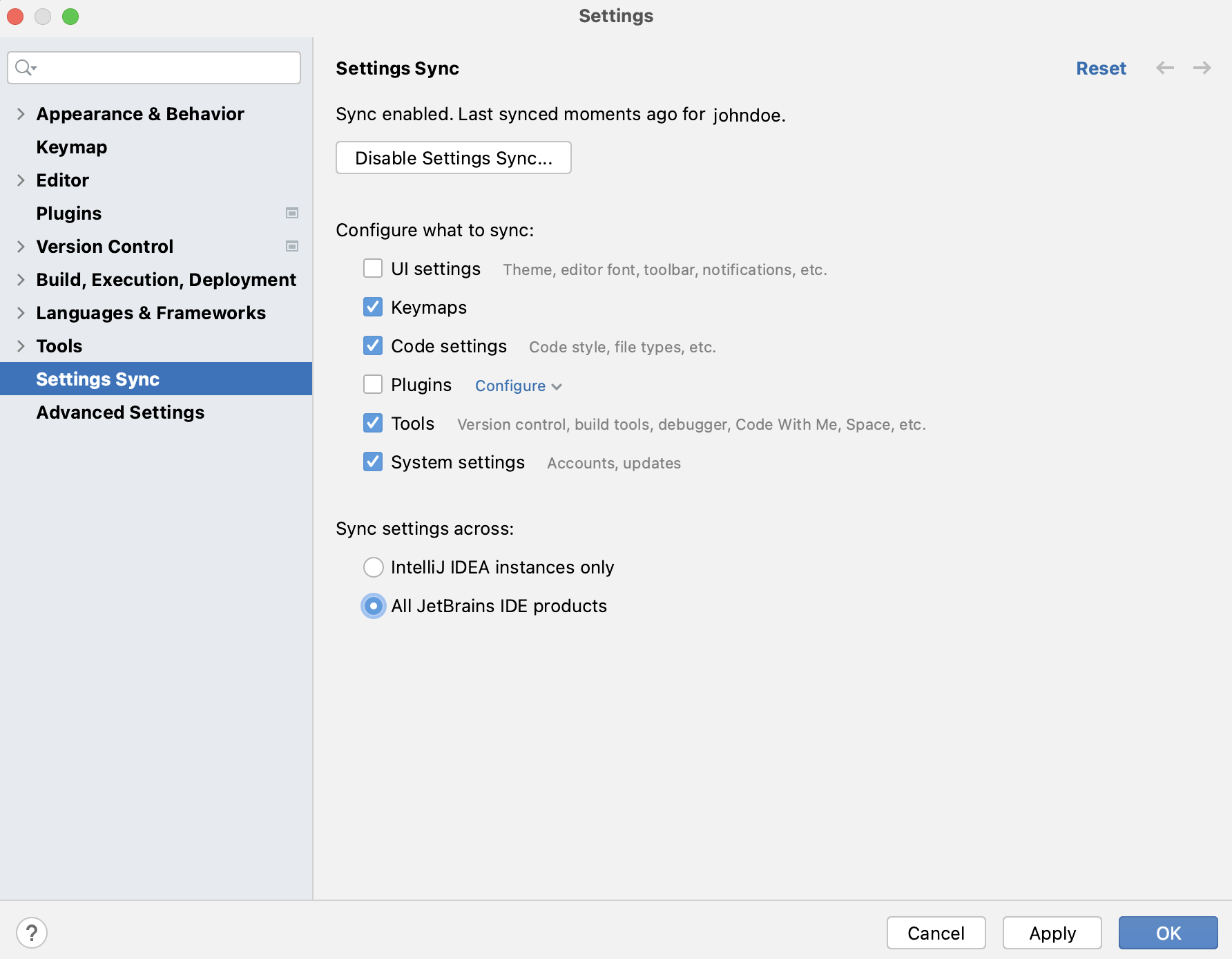 Settings Sync window Settings Sync window