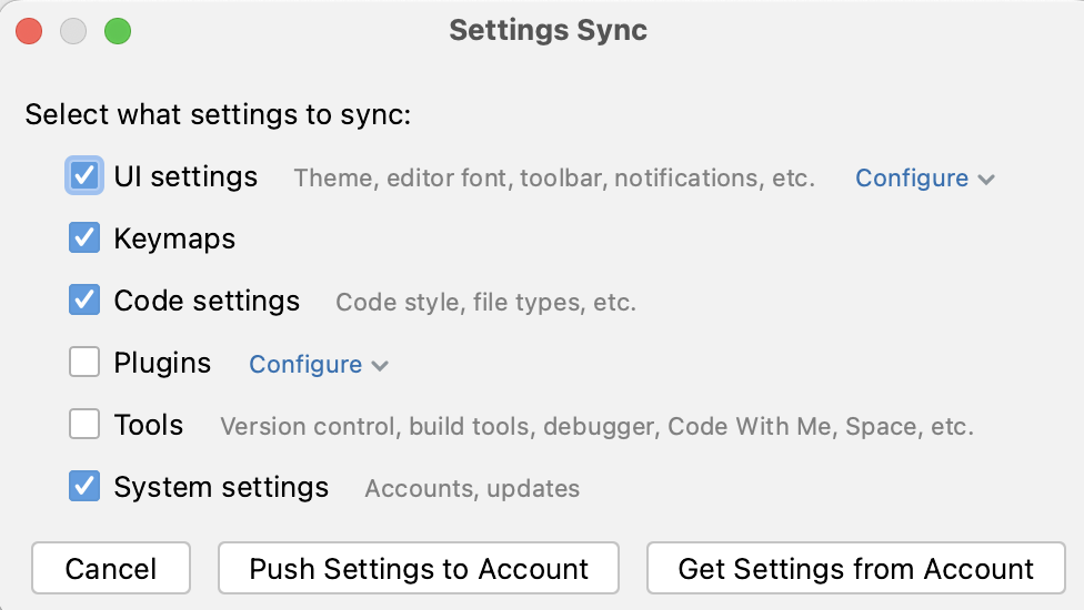 The Settings Sync window The Settings Sync window