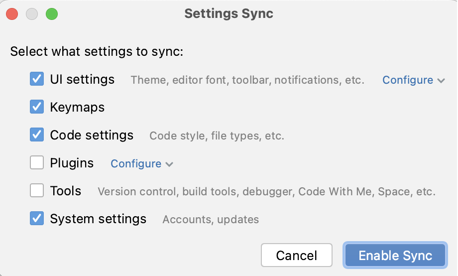 The Settings Sync window The Settings Sync window