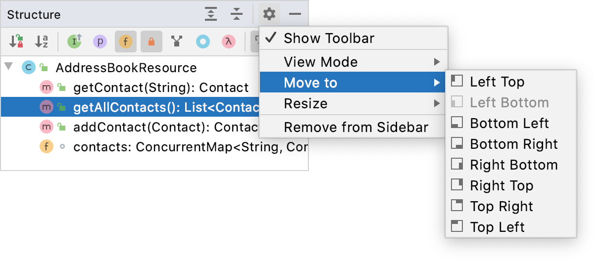 Tool window options menu: Move to Tool window options menu: Move to