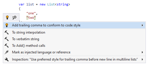 JetBrains Rider syntax style inspection: Add trailing comma JetBrains Rider syntax style inspection: Add trailing comma