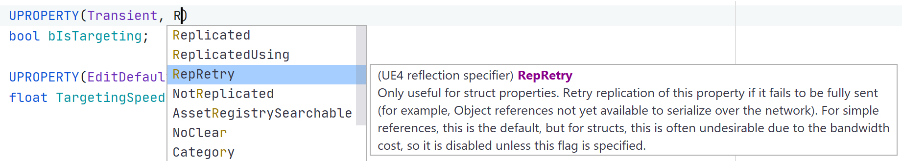 JetBrains&nbsp;Rider: Code completion for Unreal Engine reflection specifiers