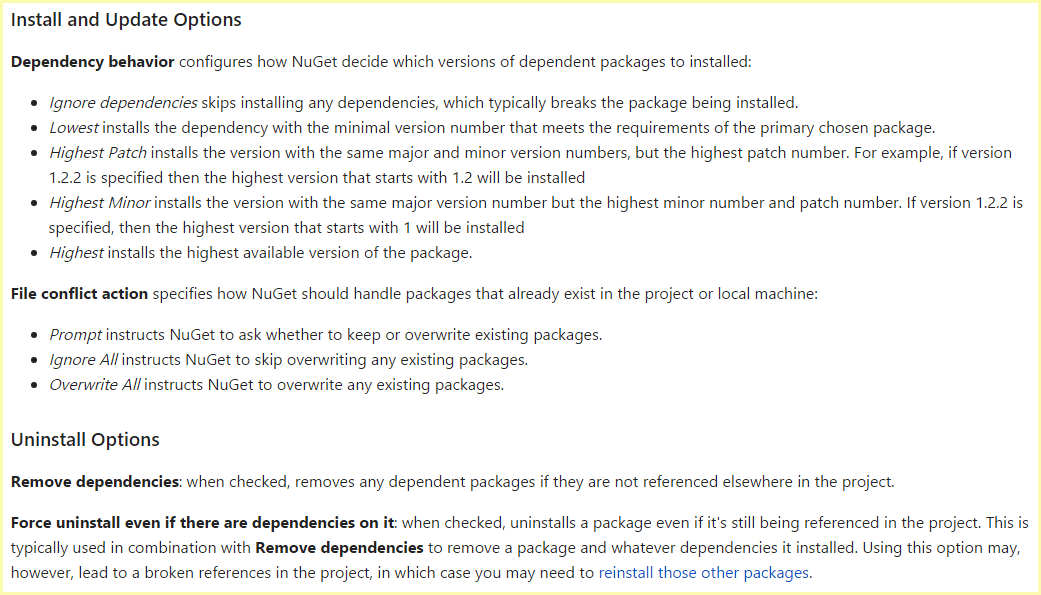 Visual Studio package manager options Visual Studio package manager options