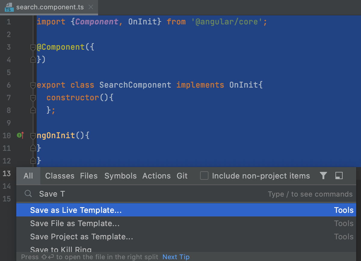Select code to save as live template Select code to save as live template
