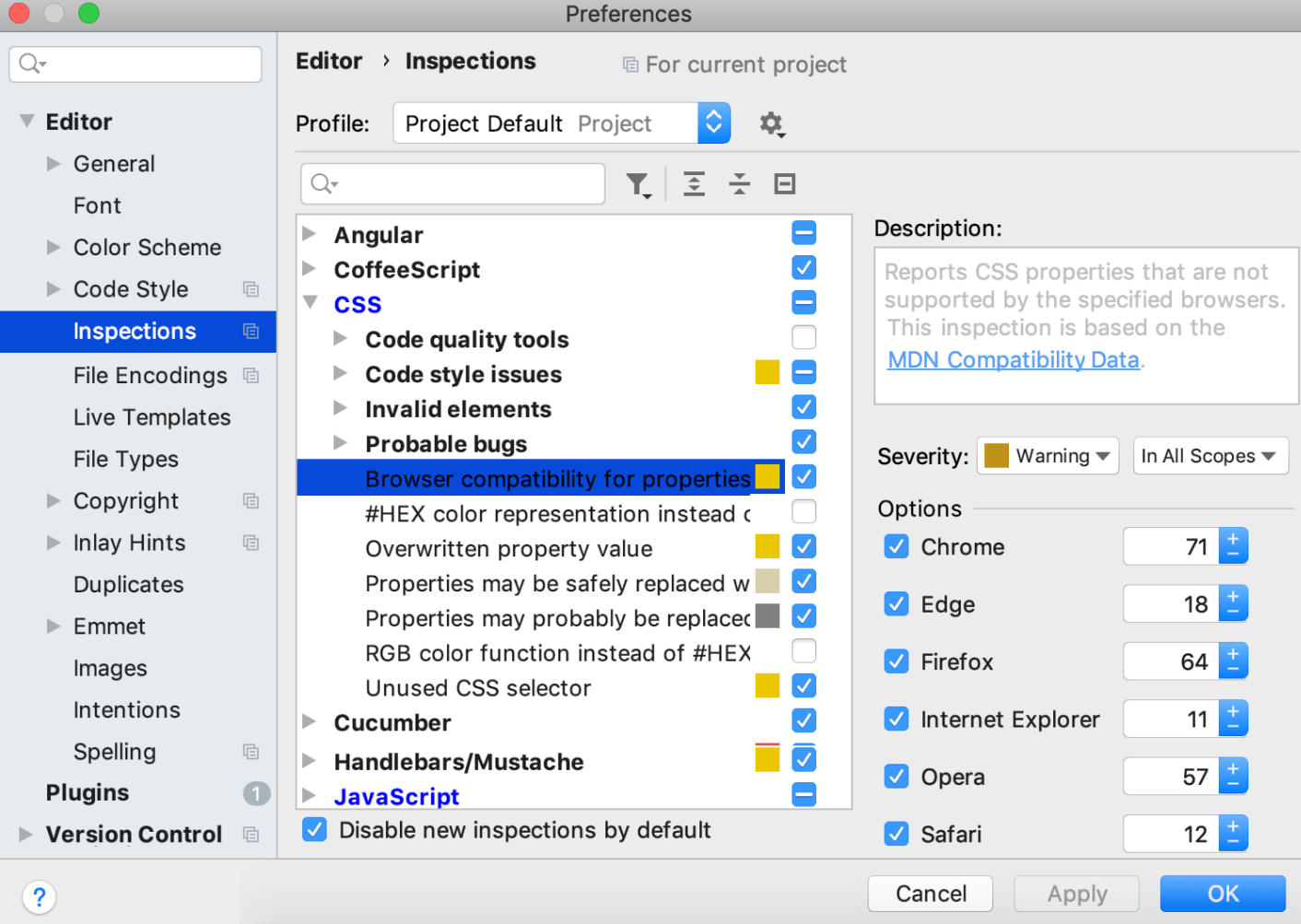 CSS compatibility inspection settings CSS compatibility inspection settings