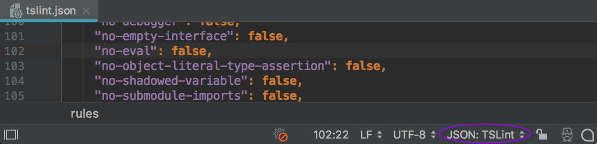 JSON schema downloaded from JSON Schema Store, the name of the applied schema is shown in the Status bar JSON schema downloaded from JSON Schema Store, the name of the applied schema is shown in the Status bar