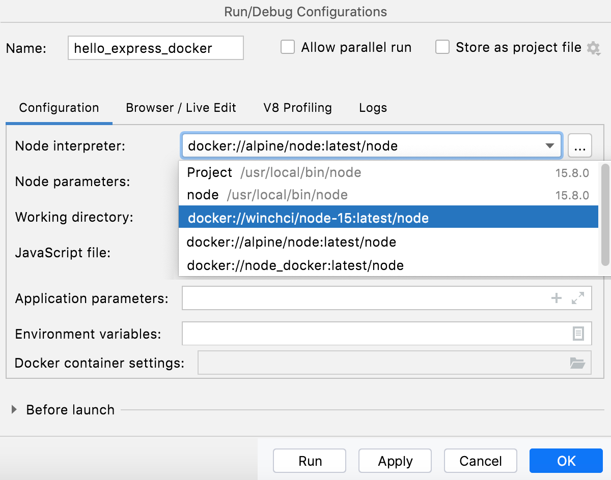 Node.js with Docker: run/debug configuration, select interpreter Node.js with Docker: run/debug configuration, select interpreter