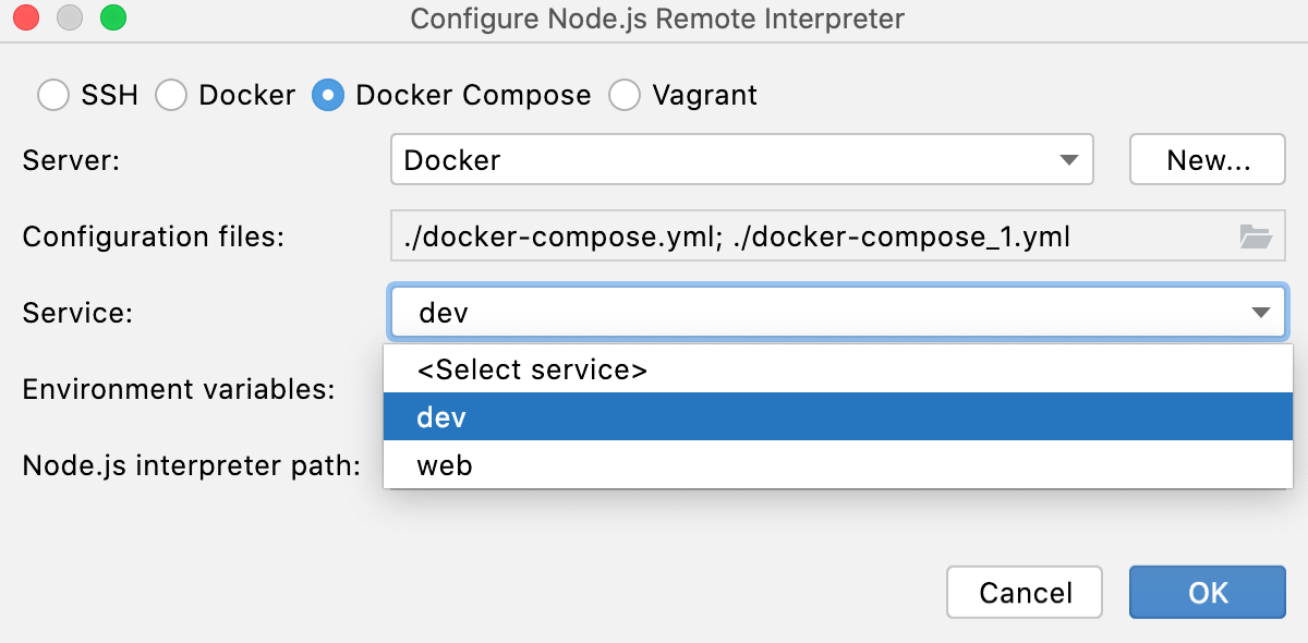 Configure Node.js interpreter via Docker Compose: select service Configure Node.js interpreter via Docker Compose: select service