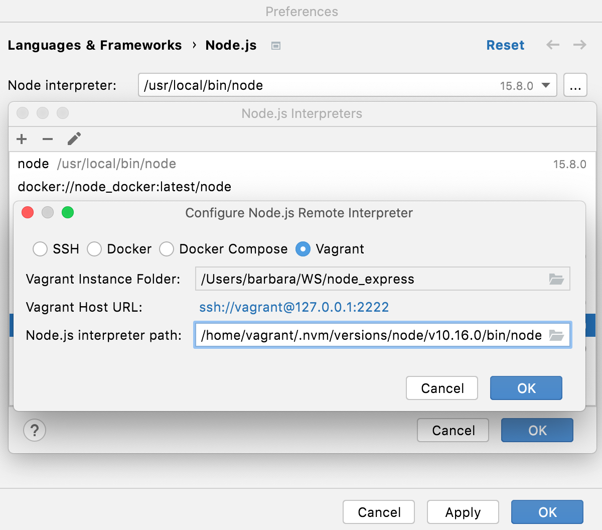 Configure remote Node.js interpreter in Vagrant environment: specify instance folder and location of Node executable Configure remote Node.js interpreter in Vagrant environment: specify instance folder and location of Node executable