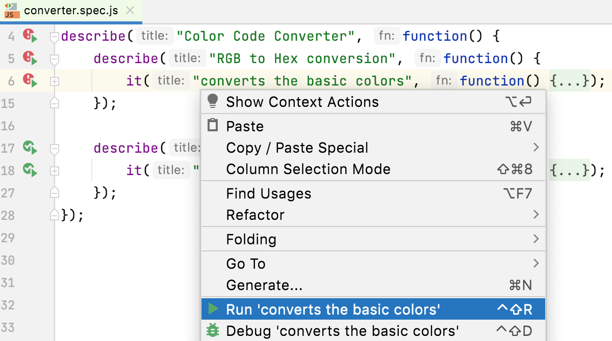 Rerun single failed test from the editor: context menu Rerun single failed test from the editor: context menu