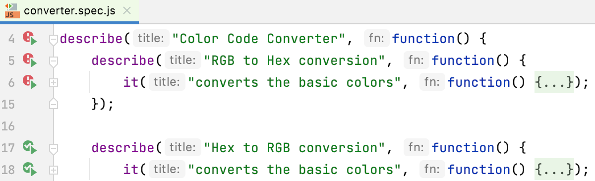 Test status in the gutter Test status in the gutter