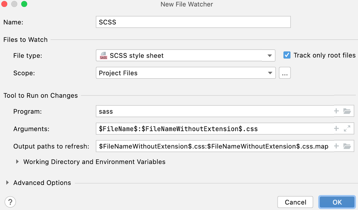 SCSS File Watcher: settings SCSS File Watcher: settings