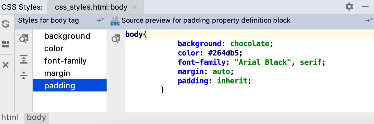 Viewing the styles applied to the tag <body> Viewing the styles applied to the tag <body>