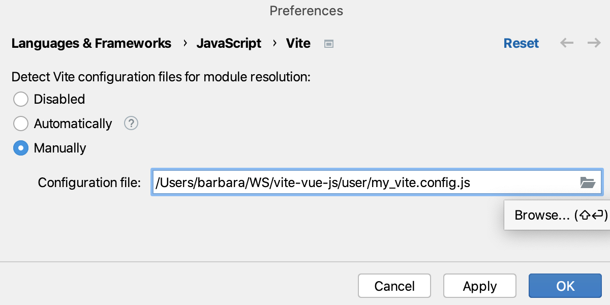 Select a vite configuration file manually Select a vite configuration file manually