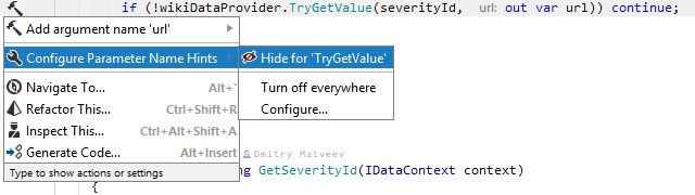 JetBrains Rider: configuring parameter name hints from the Alt+Enter menu