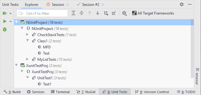 Unit Test Explorer displays tests from the entire solution