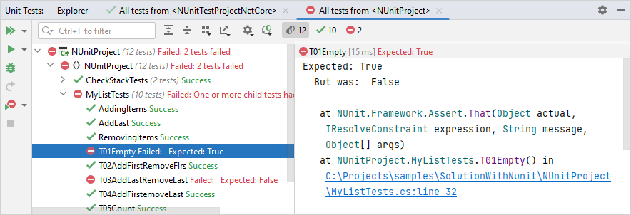 A unit test session displayed in the Unit Tests window