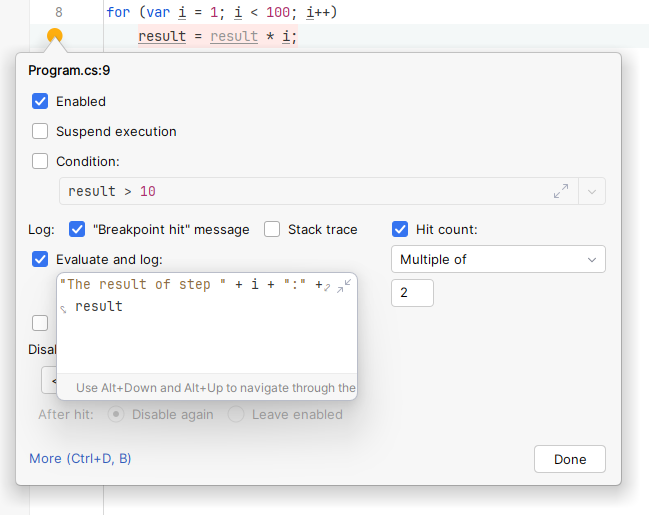 JetBrains Rider: evaluating expressions on tracepoint