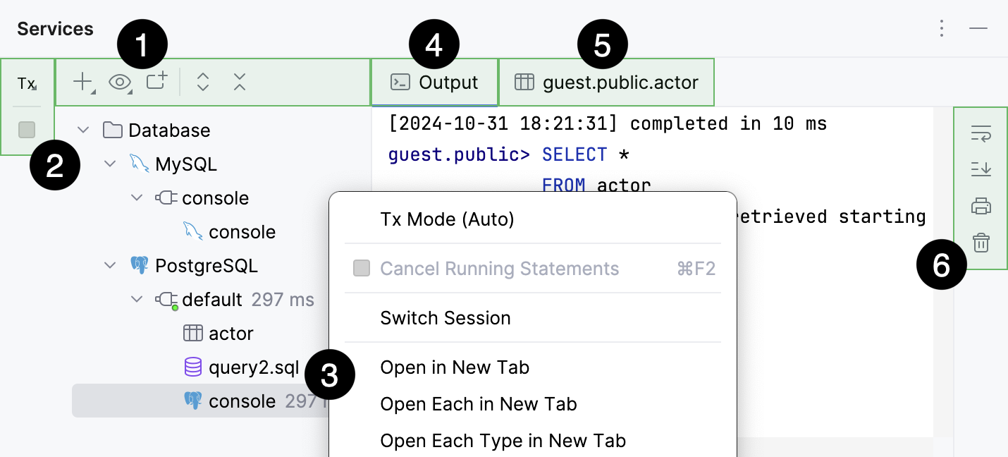 Database services in the Services tool window