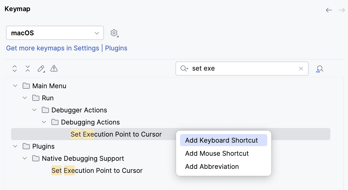Assigning a shortcut to Set Execution Point