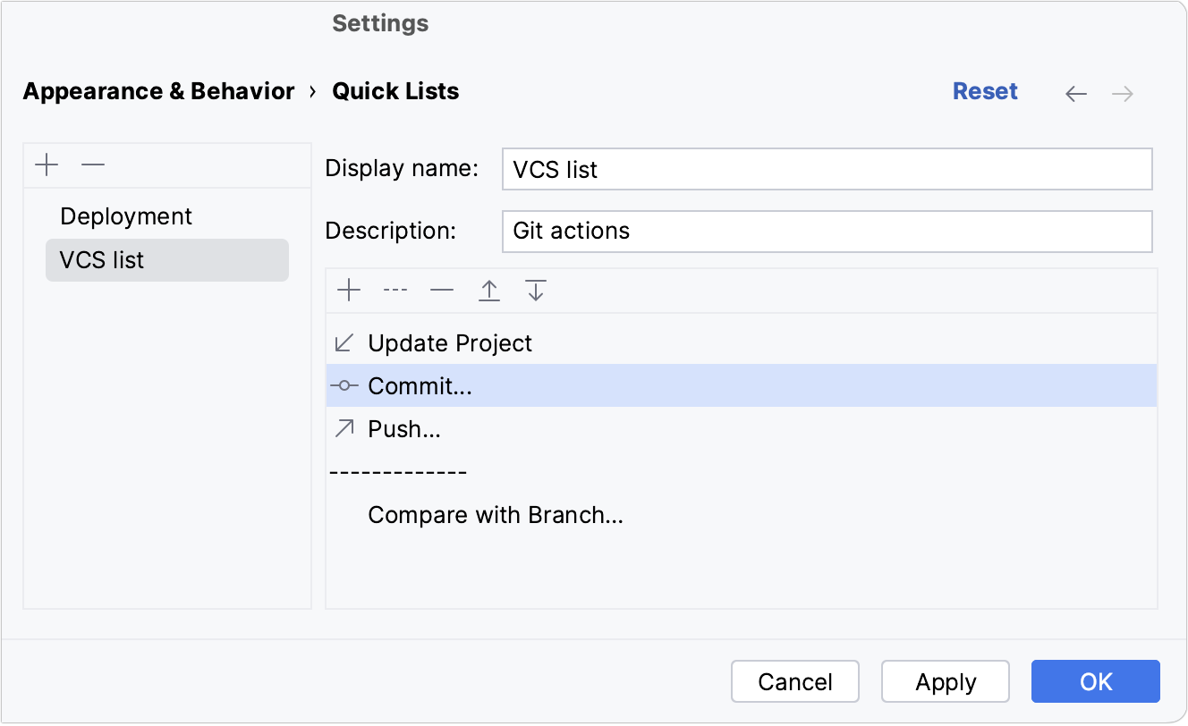 the Quick lists settings the Quick lists settings