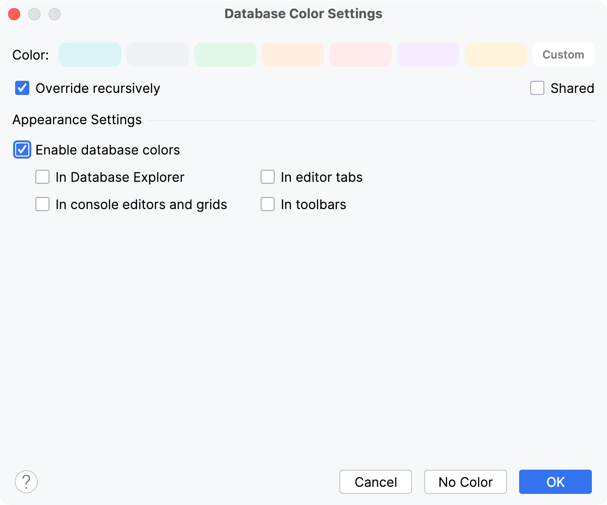 Database Color Settings dialog Database Color Settings dialog