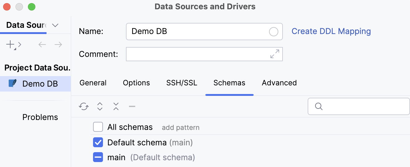 Selecting schemas to display in the Data Source and Drivers dialog