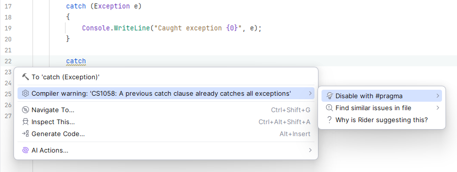 JetBrains Rider: Disable a compiler warning with '#pragma'