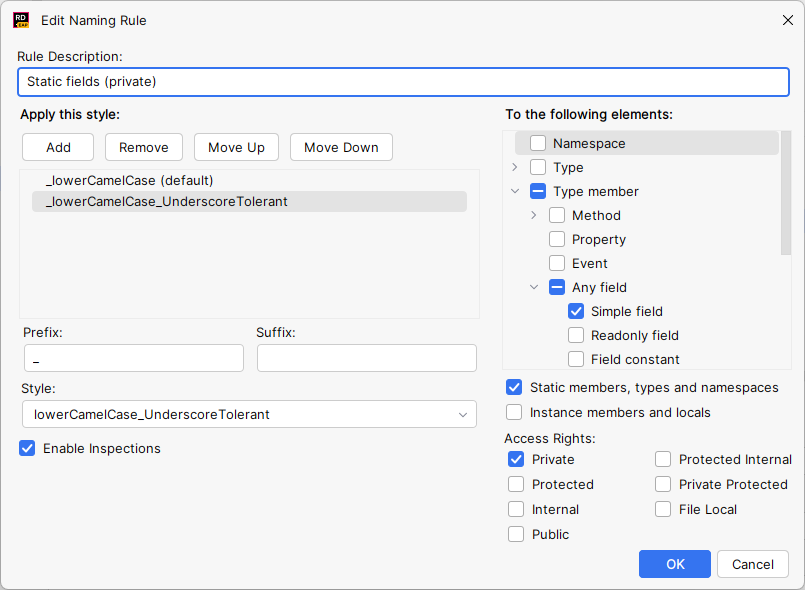 JetBrains Rider: Add/Edit Naming Rule dialog JetBrains Rider: Add/Edit Naming Rule dialog