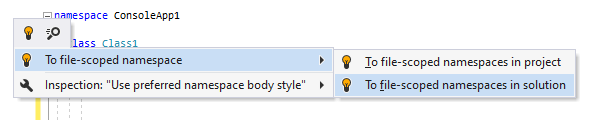 JetBrains Rider: 'To file-scoped namespace' quick-fix JetBrains Rider: 'To file-scoped namespace' quick-fix