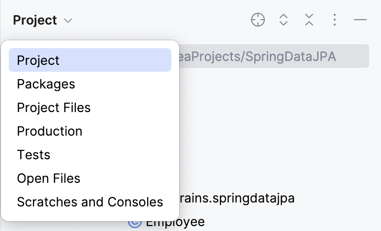 The Project tool window with the Group Tabs option enabled The Project tool window with the Group Tabs option enabled