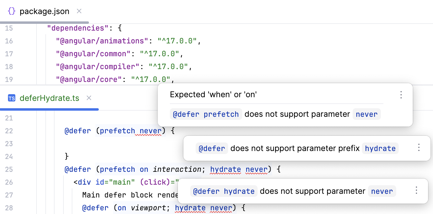 Error messages for @defer syntax in Angular earlier than 19 Error messages for @defer syntax in Angular earlier than 19