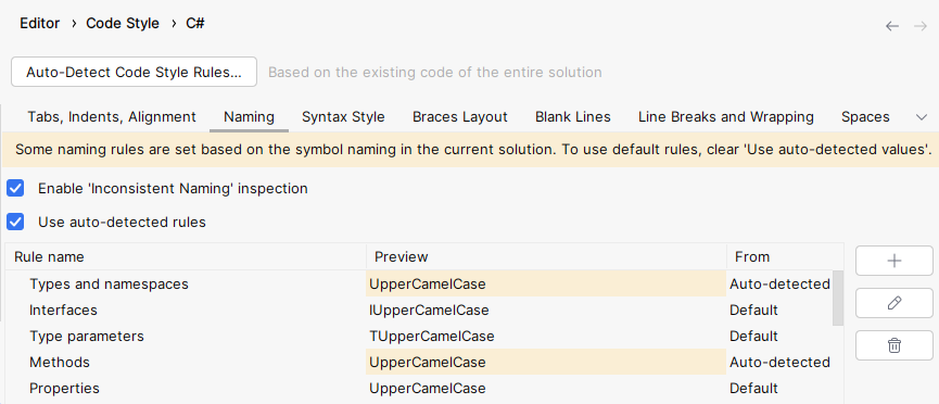 JetBrains Rider highlighting automatically-set naming rules with yellow JetBrains Rider highlighting automatically-set naming rules with yellow