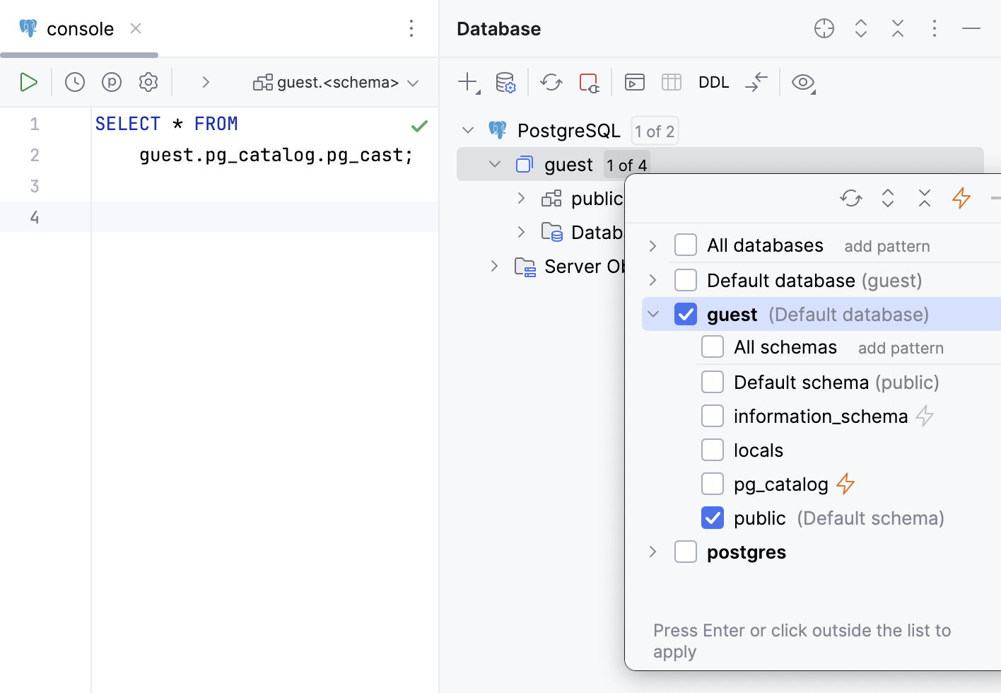 Show objects from system catalogs in coding assistance