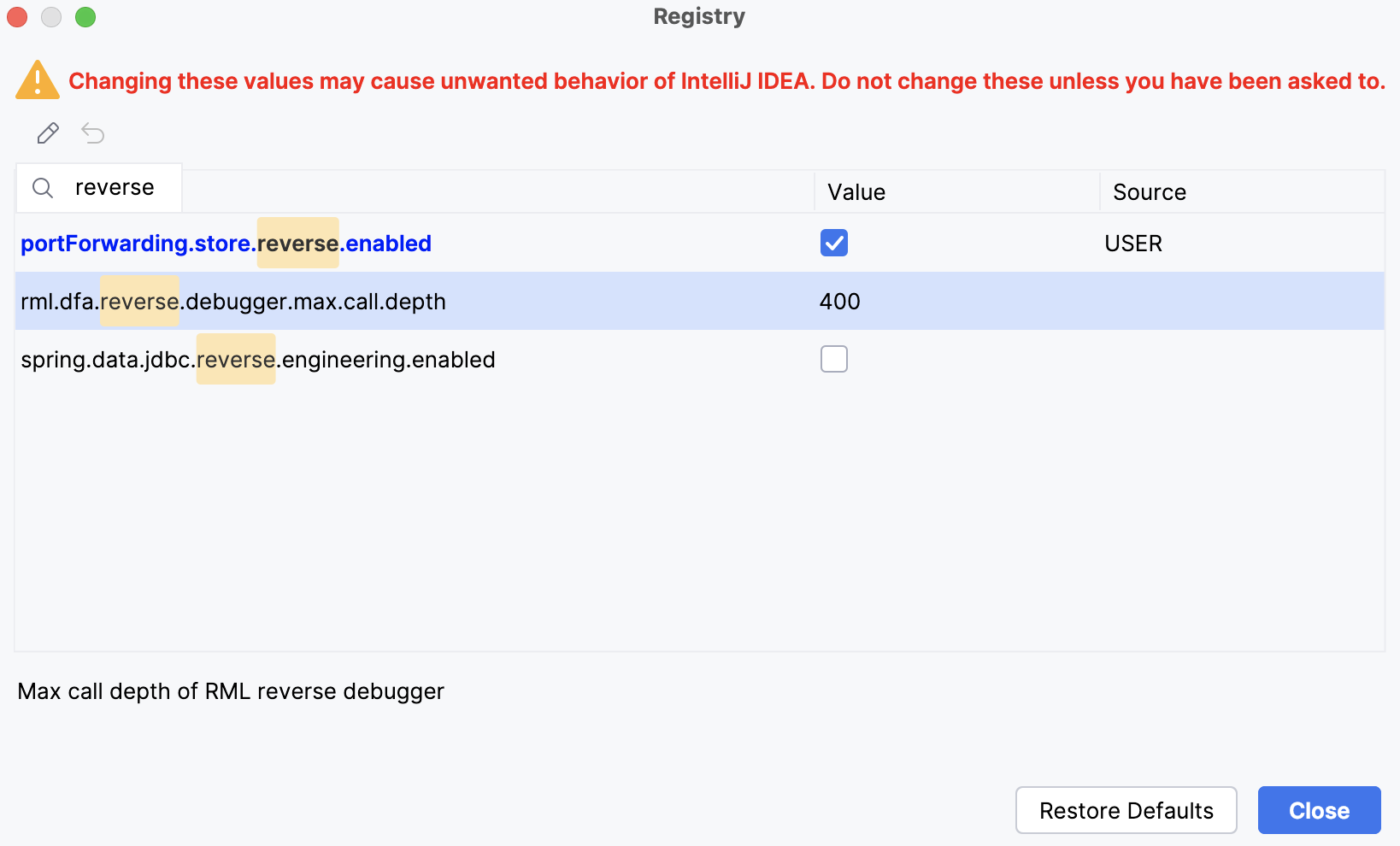 Registry (On Host) window Registry (On Host) window
