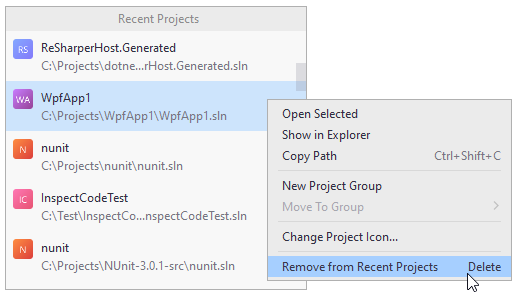 Rider. removing solution from the recent history Rider. removing solution from the recent history