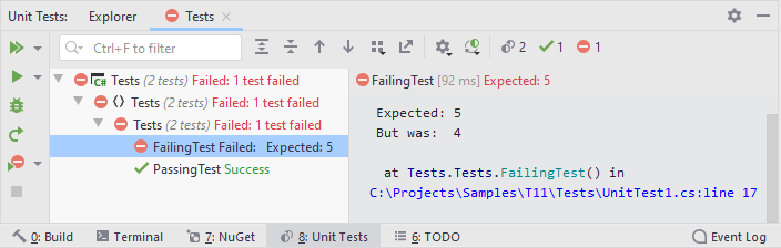 JetBrains Rider: Unit test execution results JetBrains Rider: Unit test execution results
