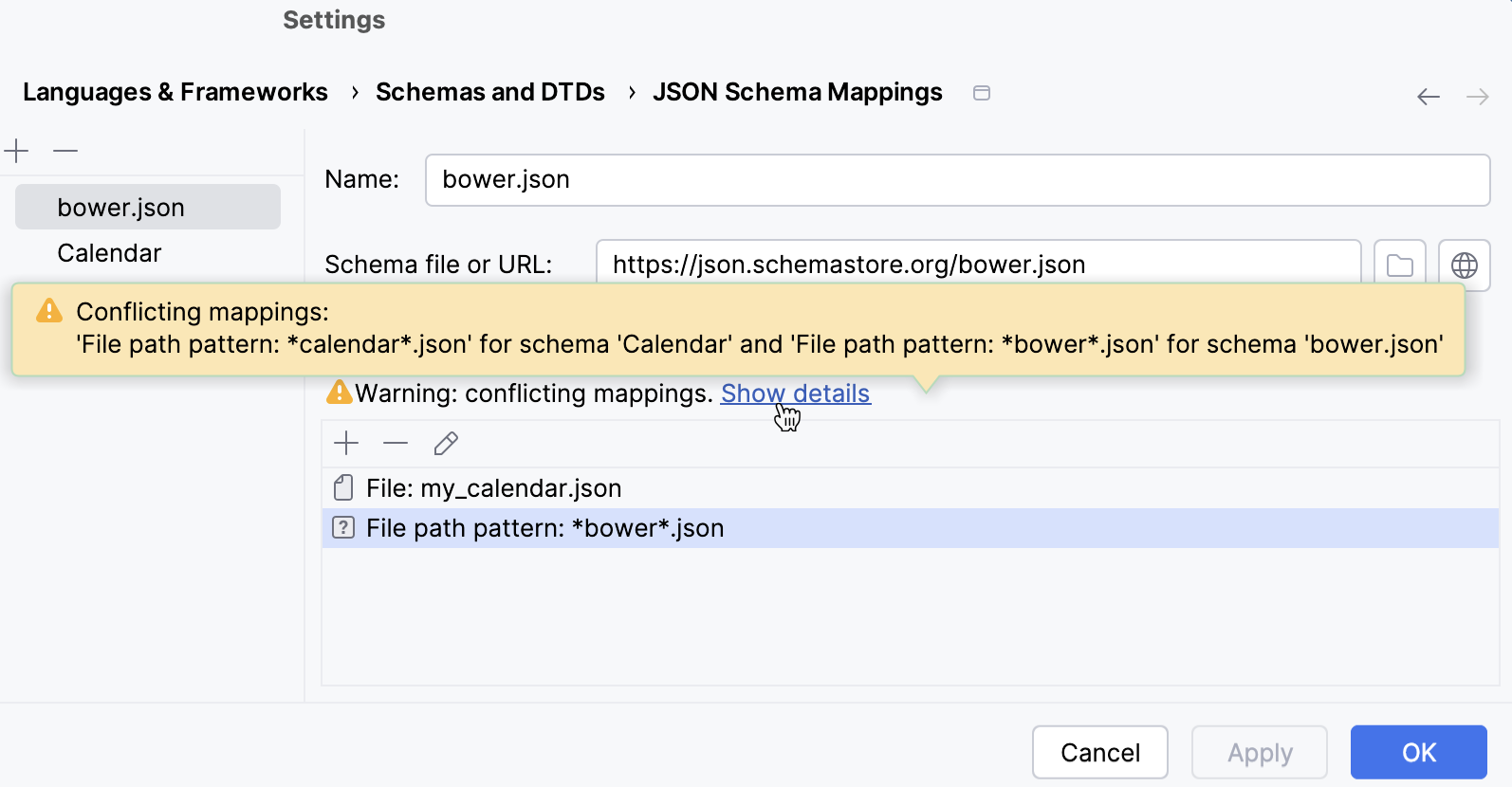 Notification about conflicting schema scopes in the Settings dialog Notification about conflicting schema scopes in the Settings dialog