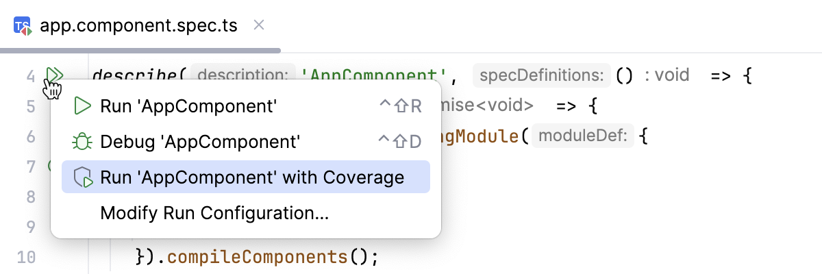 Run a Karma test from the editor with coverage Run a Karma test from the editor with coverage