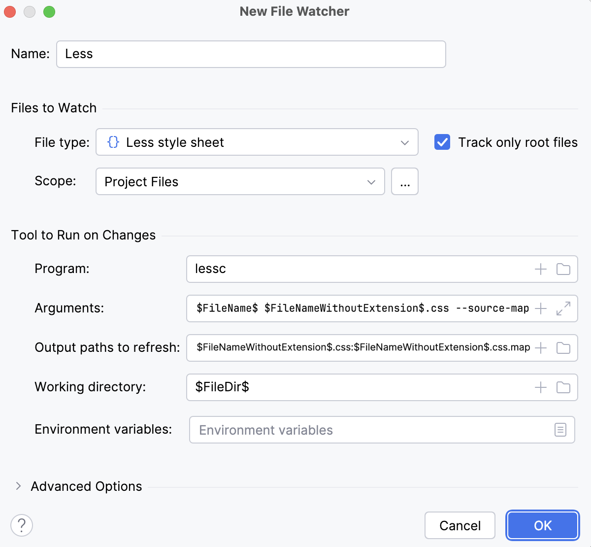Less File Watcher: settings Less File Watcher: settings