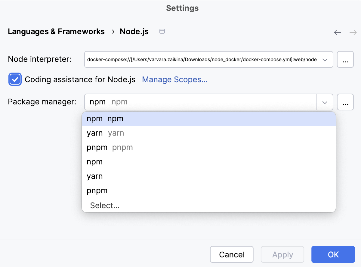 Settings: newly configured remote Node.js interpreter selected as default