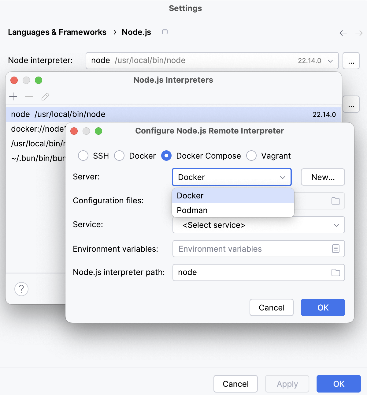 Configure a Node.js interpreter via Docker Compose: select the Docker Server