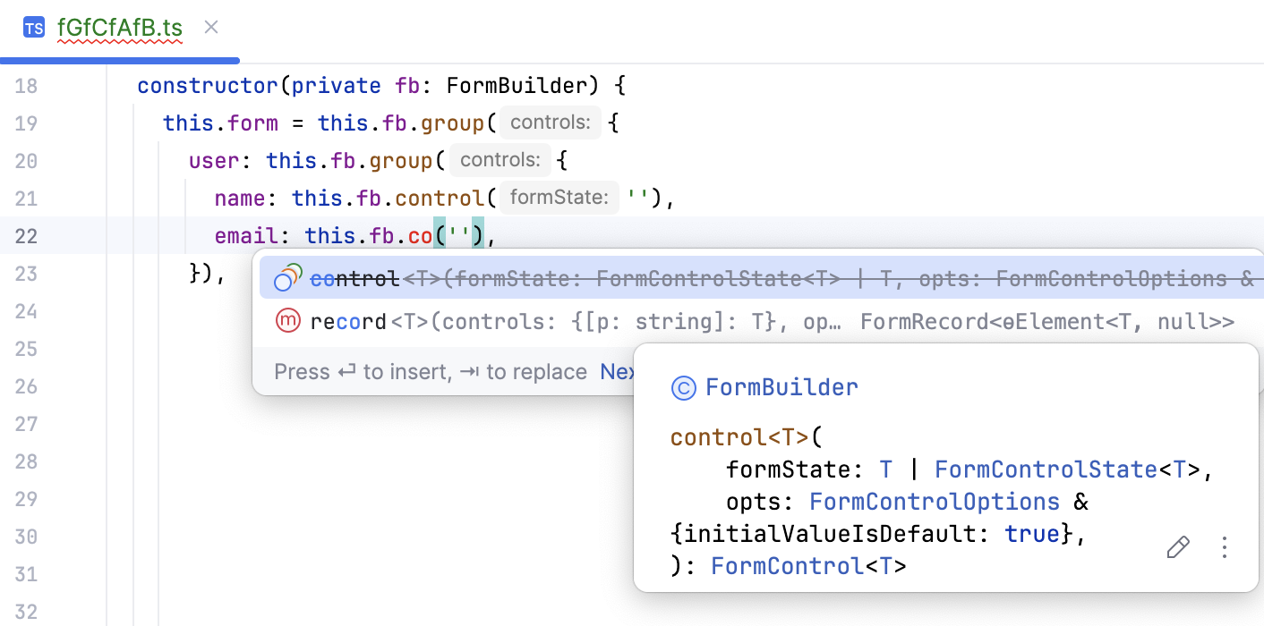 Completion and quick doc in Reactive Forms