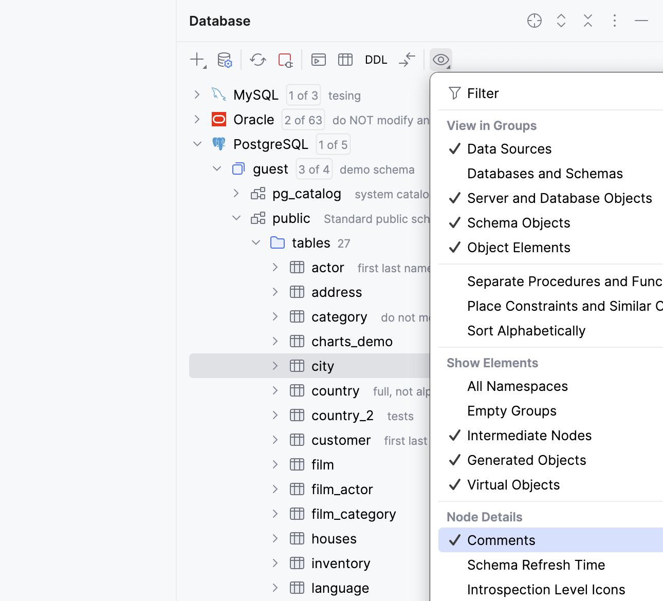 Show comments for databases and tables