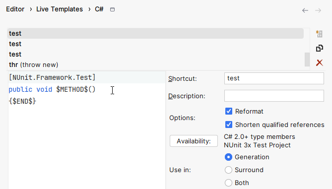 JetBrains Rider: Live templates for unit test methods
