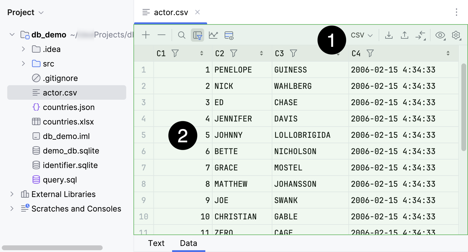 Data editor tab in a delimiter-separated values file editor