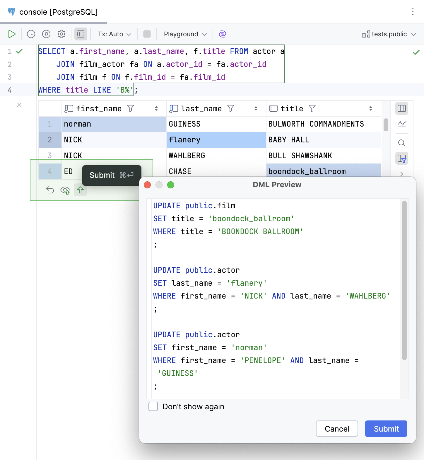 DML Preview dialog with the generated statements