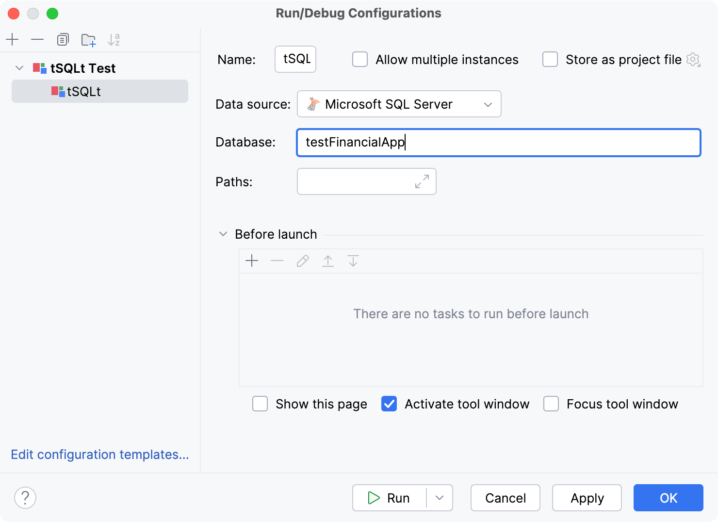 Run/Debug Configuration for tSQLt tests Run/Debug Configuration for tSQLt tests